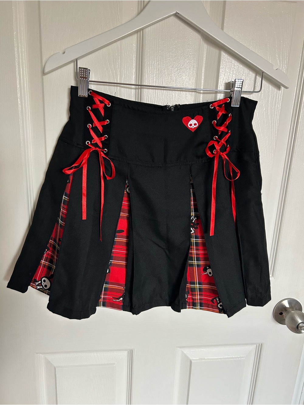 Skelanimals Black Mini Skirt with Red Plaid Insets and Red Ribbon Lacing
